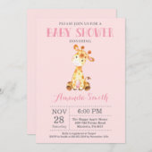 Giraffe Baby shower Uitnodiging Roze en Grijs (Voorkant / Achterkant)