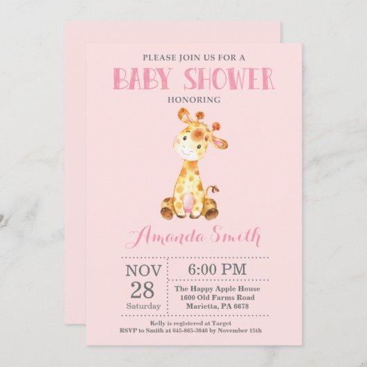 Giraffe Baby shower Uitnodiging Roze en Grijs (Voorkant / Achterkant)