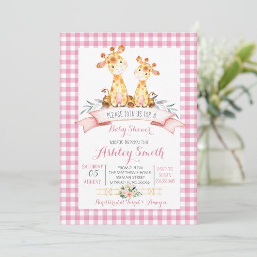 Giraffe baby shower uitnodiging roze meisje (Staand voorkant)