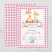 Giraffe baby shower uitnodiging roze meisje (Voorkant / Achterkant)