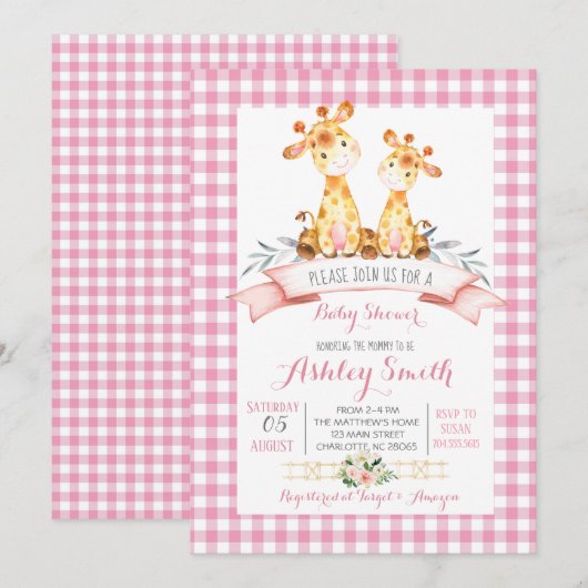 Giraffe baby shower uitnodiging roze meisje (Voorkant / Achterkant)