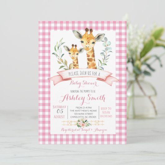 Giraffe baby shower uitnodiging roze meisje (Staand voorkant)