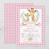Giraffe baby shower uitnodiging roze meisje (Voorkant / Achterkant)