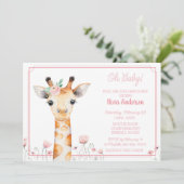 Giraffe Baby shower uitnodiging, roze meisje Giraf Kaart (Staand voorkant)