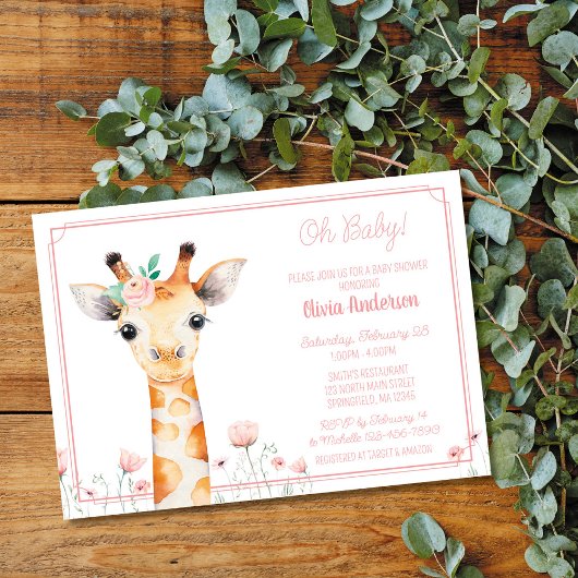 Giraffe Baby shower uitnodiging, roze meisje Giraf Kaart