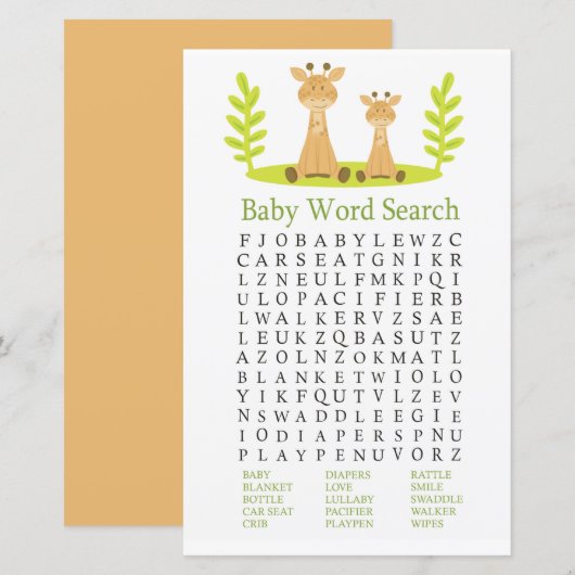 Giraffe Baby shower Word Search Game (Voorkant / Achterkant)