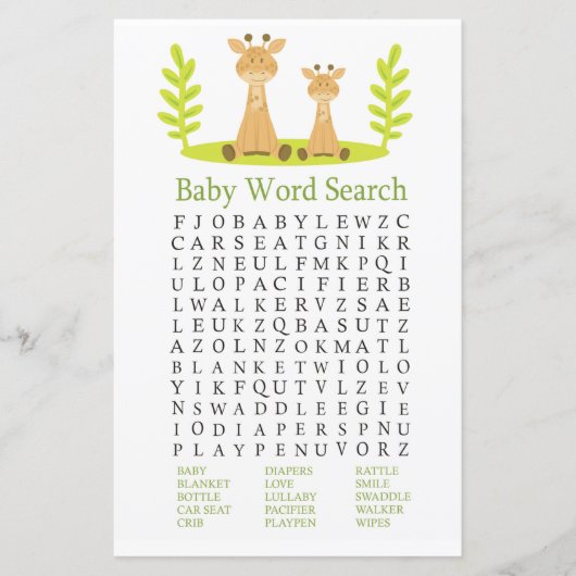 Giraffe Baby shower Word Search Game (Voorkant)