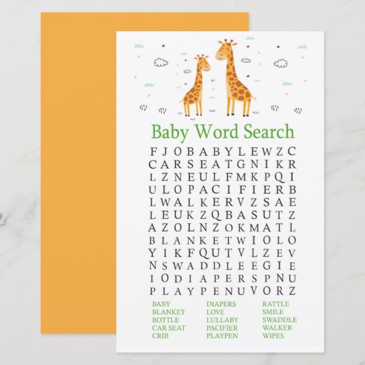 Giraffe Baby shower Word Search Game (Voorkant / Achterkant)