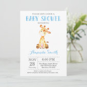 Giraffe babyshower uitnodiging Blauw en Grijs (Staand voorkant)