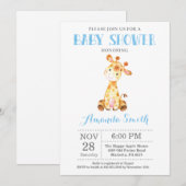 Giraffe babyshower uitnodiging Blauw en Grijs (Voorkant / Achterkant)