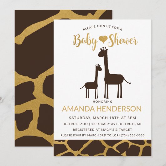 Giraffe babyshower uitnodiging bruin & goud (Voorkant / Achterkant)