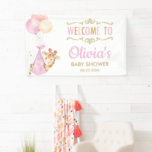 Giraffe Balloons Girl Baby shower Welkomstachtergr Spandoek (Insitu)