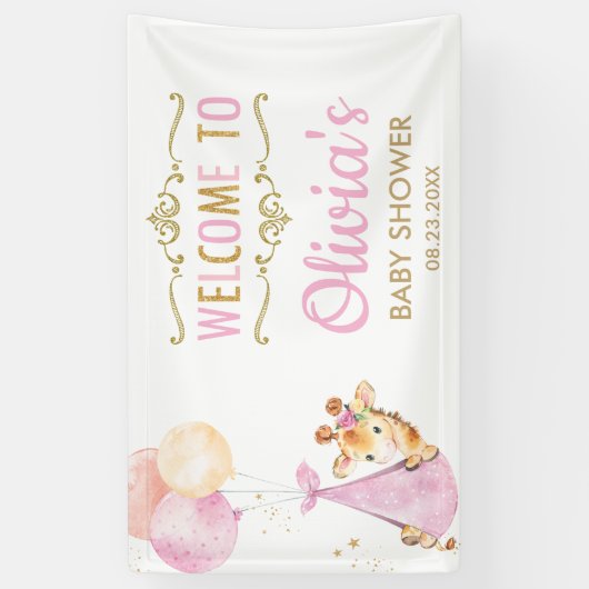 Giraffe Balloons Girl Baby shower Welkomstachtergr Spandoek (Verticaal)