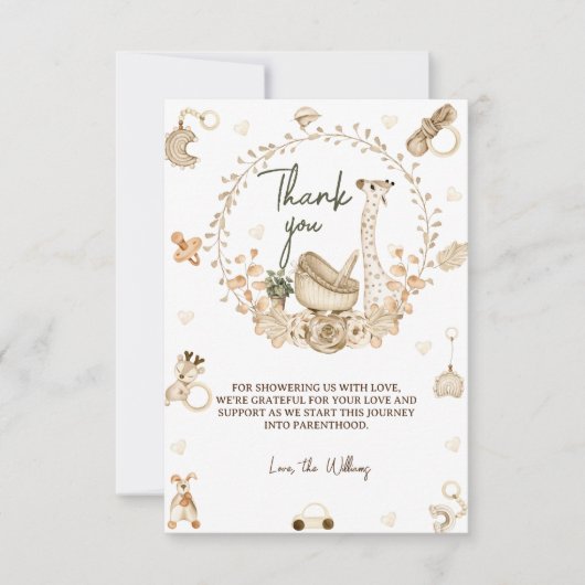 Giraffe & Beer Neutral Boho Baby shower Bedankkaart (Voorkant)