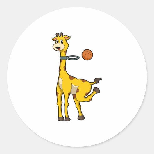 Giraffe bij Basketball met Basketball-hoepel Ronde Sticker (Voorkant)