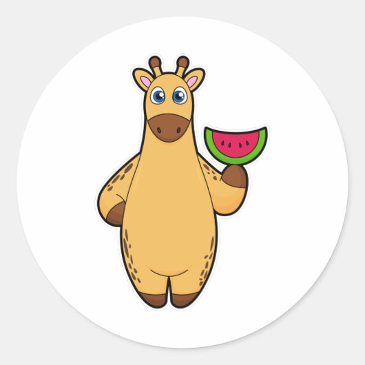 Giraffe bij Eten met Watermeloen Ronde Sticker (Voorkant)