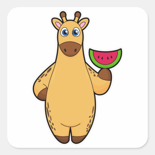 Giraffe bij Eten met Watermeloen Vierkante Sticker (Voorkant)