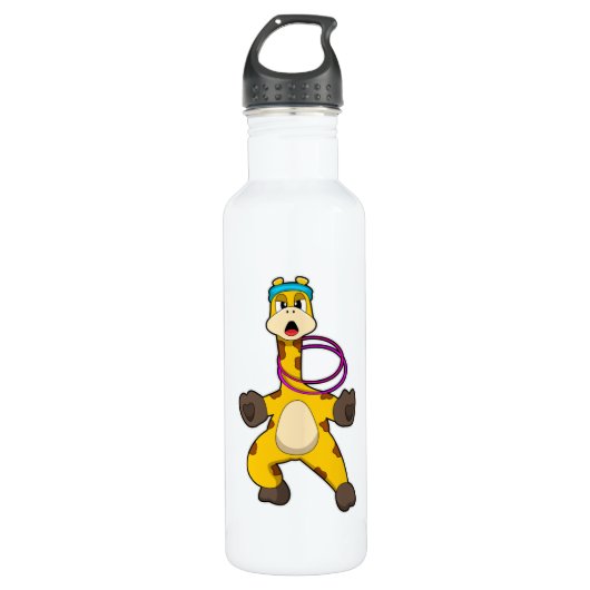Giraffe bij fitness met zwenkring waterfles  (Voorkant)