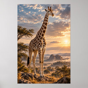 Giraffe bij gouden zonsondergang Savanne Wildlife Poster