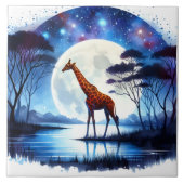 Giraffe bij het meer onder een volle maan in de na tegeltje (Voorkant)