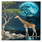 Giraffe bij het meer onder een Volle Maannacht Tegeltje (Voorkant)