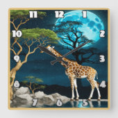 Giraffe bij het meer onder een Volle Maannacht Vierkante Klok (Voorkant)