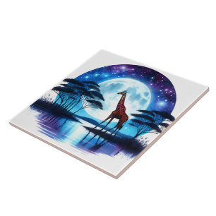 Giraffe bij het serene meer onder een volle maan tegeltje