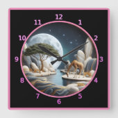 Giraffe bij maanverlicht water in Afrika Vierkante Klok (Voorkant)