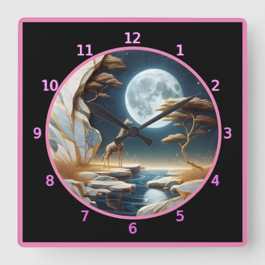 Giraffe bij maanverlichte rivier in Afrika Vierkante Klok (Voorkant)