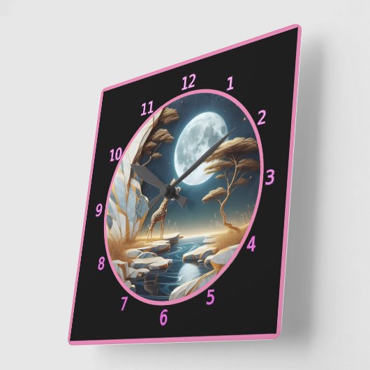 Giraffe bij maanverlichte rivier in Afrika Vierkante Klok (Hoek)