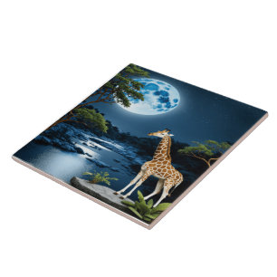 Giraffe bij Moonlit River onder Starlit Sky Tegeltje