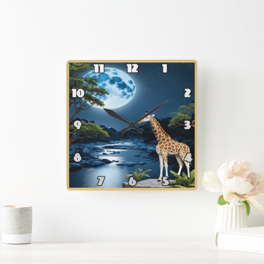 Giraffe bij Moonlit River onder Starlit Sky Vierkante Klok (Huis)