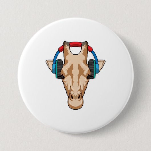 Giraffe bij Muziek met hoofdtelefoon Ronde Button 7,6 Cm (Voorkant)