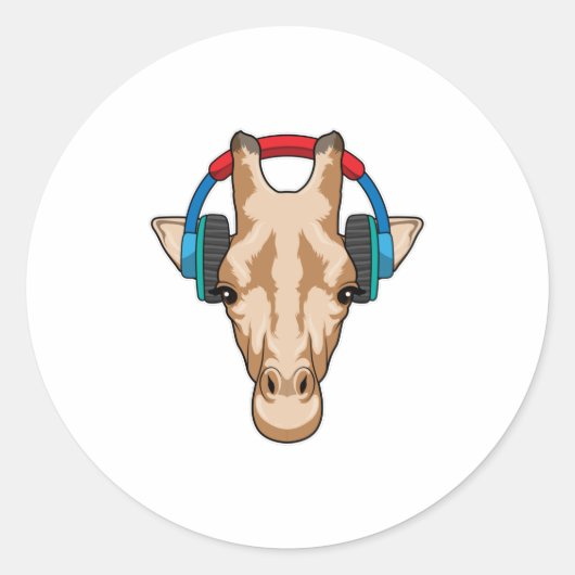 Giraffe bij Muziek met hoofdtelefoon Ronde Sticker (Voorkant)