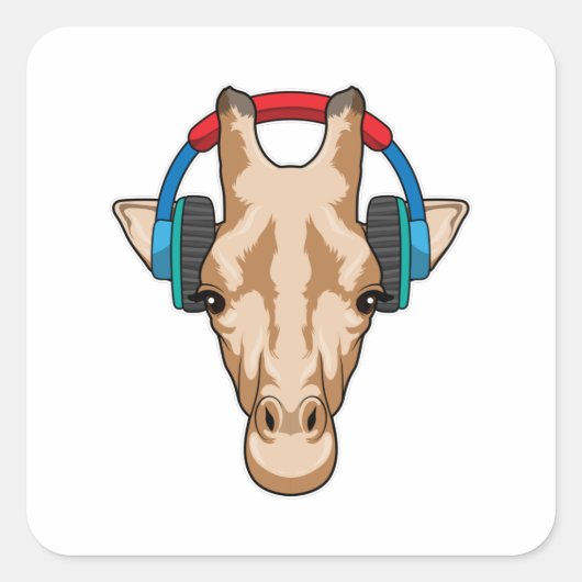 Giraffe bij Muziek met hoofdtelefoon Vierkante Sticker (Voorkant)