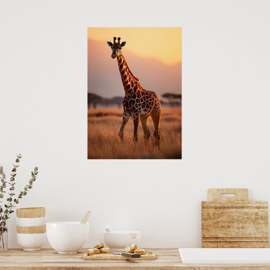 Giraffe bij zonsondergang - Wildlife Illustration Poster (Keuken)