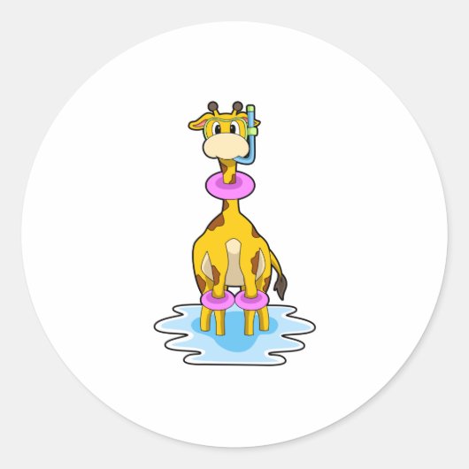 Giraffe bij zwemmen met draaiende ring ronde sticker (Voorkant)