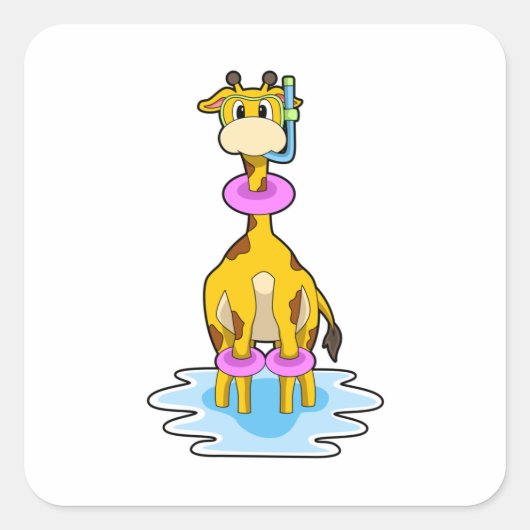 Giraffe bij zwemmen met draaiende ring vierkante sticker (Voorkant)