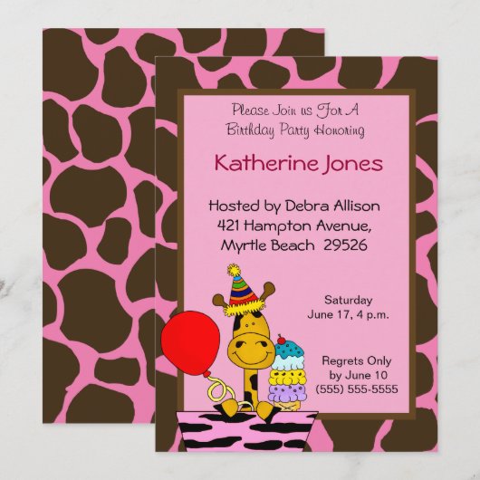 Giraffe Birthday Party Invitations Kaart (Voorkant / Achterkant)