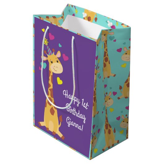 Giraffe Birthday Party Medium Cadeauzakje (Achterkant Gekanteld)