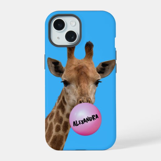 Giraffe Blaast Kauwgom Bel iPhone 15 Case (Achterkant)