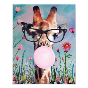 Giraffe Blaast Kauwgom Lente Tuin Achtergrond Foto Afdruk