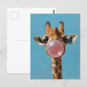 Giraffe blaast roze bubbelsteen briefkaart