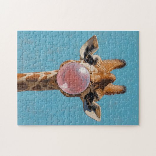 Giraffe blaast roze bubbelsteen legpuzzel (Horizontaal)