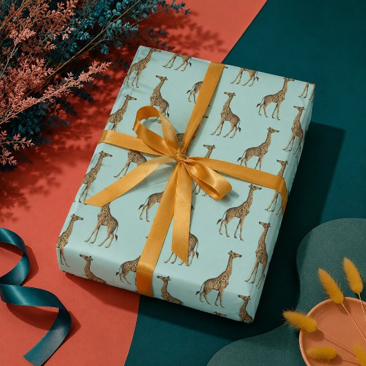 Giraffe Blauw en Goud Cadeaupapier