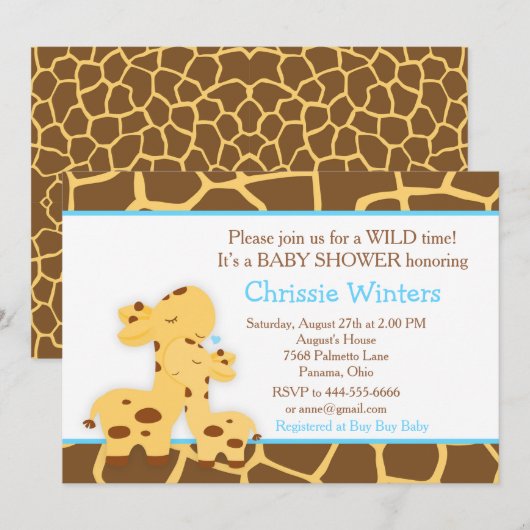 Giraffe Blauwe Jongen Baby Shower Kaart (Voorkant / Achterkant)