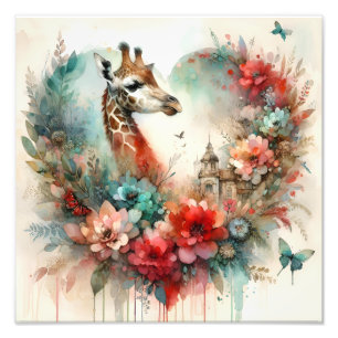 Giraffe Bloemenschildering Aquarel Bloemen Safari Foto Afdruk