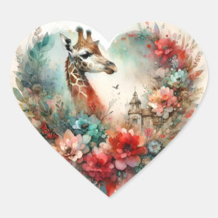 Giraffe Bloemenschildering Aquarel Bloemen Safari Hart Sticker