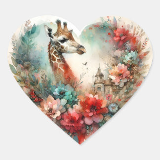 Giraffe Bloemenschildering Aquarel Bloemen Safari Hart Sticker
