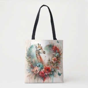 Giraffe Bloemenschildering Aquarel Bloemen Safari Tote Bag
